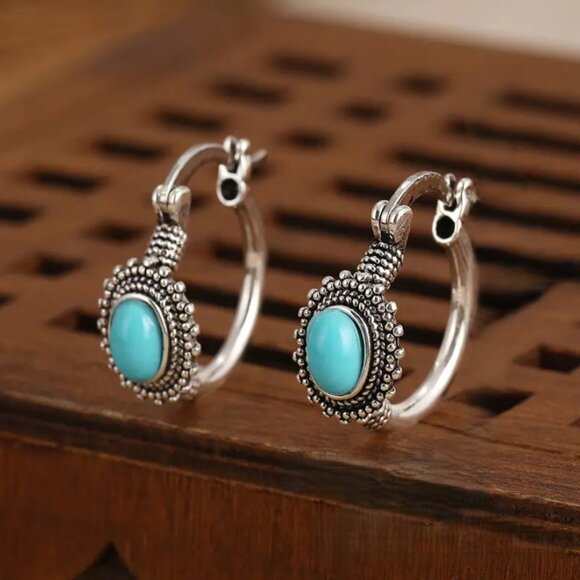 925 Sterling Silver Womens Small Turquoise Gemstone Hoop Earrings Ladies Jewelry